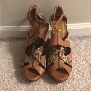 Cole Haan leather and snake skin strappy wedges.